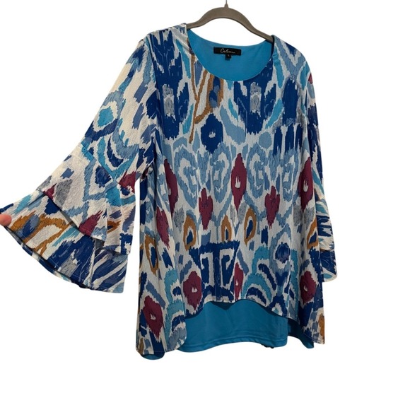 Calessa Tops - Calessa Ikat Print Blouse Women Large Blue Tiered Bell Sleeve Boho Tunic Top